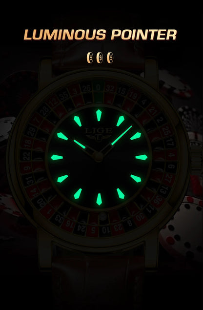 LIGE Fashion Men Watch Rotating Dial Las Vegas Roulette Desktop Theme Watch Men Waterproof Luminous Clock Watches Creative Clock