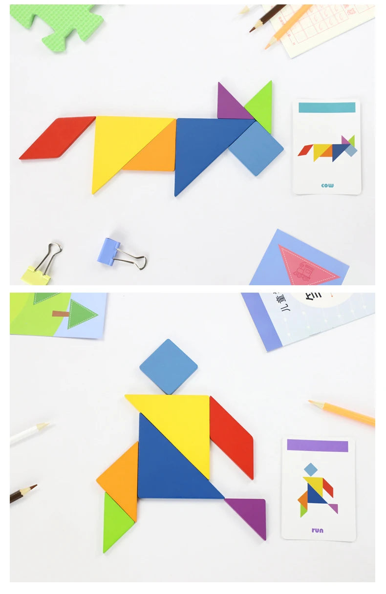Children's Wooden Colorful Tangram Iron Box Storage Jigsaw Puzzle Puzzle Early Education Intelligence Number Letter Wooden Toys