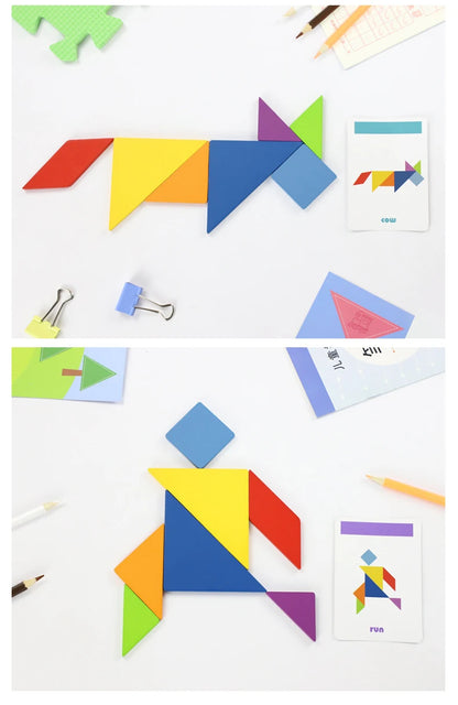 Children's Wooden Colorful Tangram Iron Box Storage Jigsaw Puzzle Puzzle Early Education Intelligence Number Letter Wooden Toys