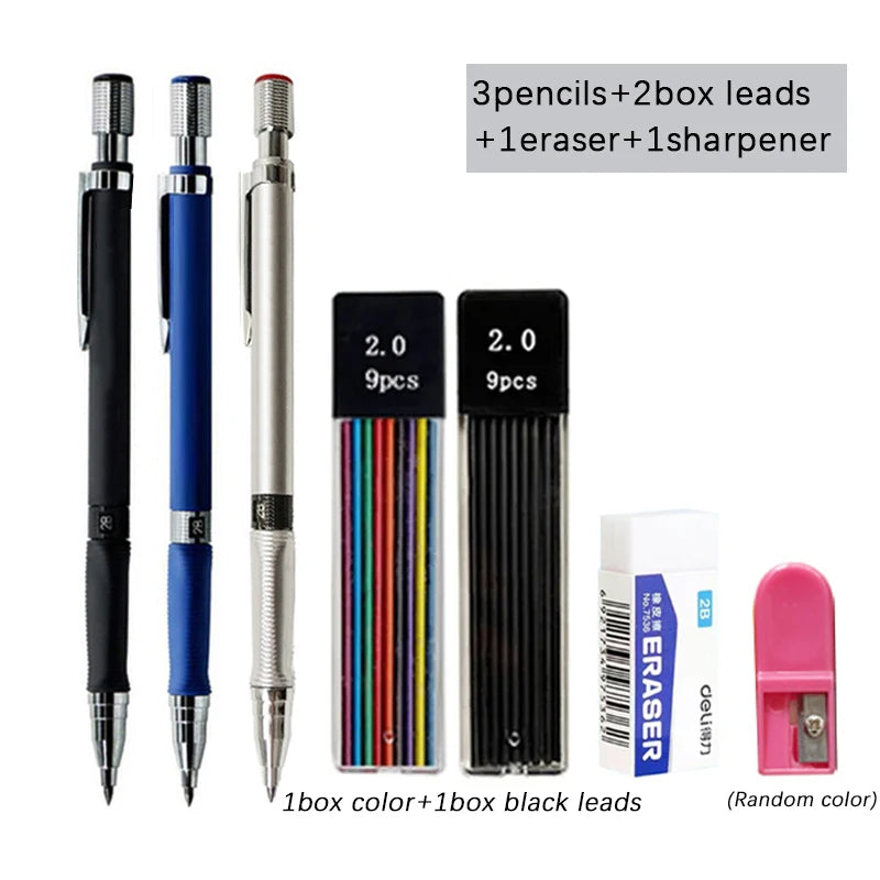 Mechanical Pencil Set 2.0mm with 2B Black/Colors Lead Refill for Writing Sketching Art Drawing Painting School Automatic Pencils