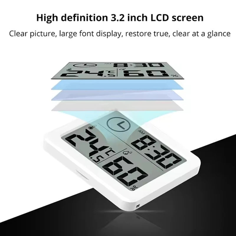 Multifunction Thermometer Hygrometer Automatic Electronic Temperature Humidity Monitor Clock 3.2inch Large LCD Screen