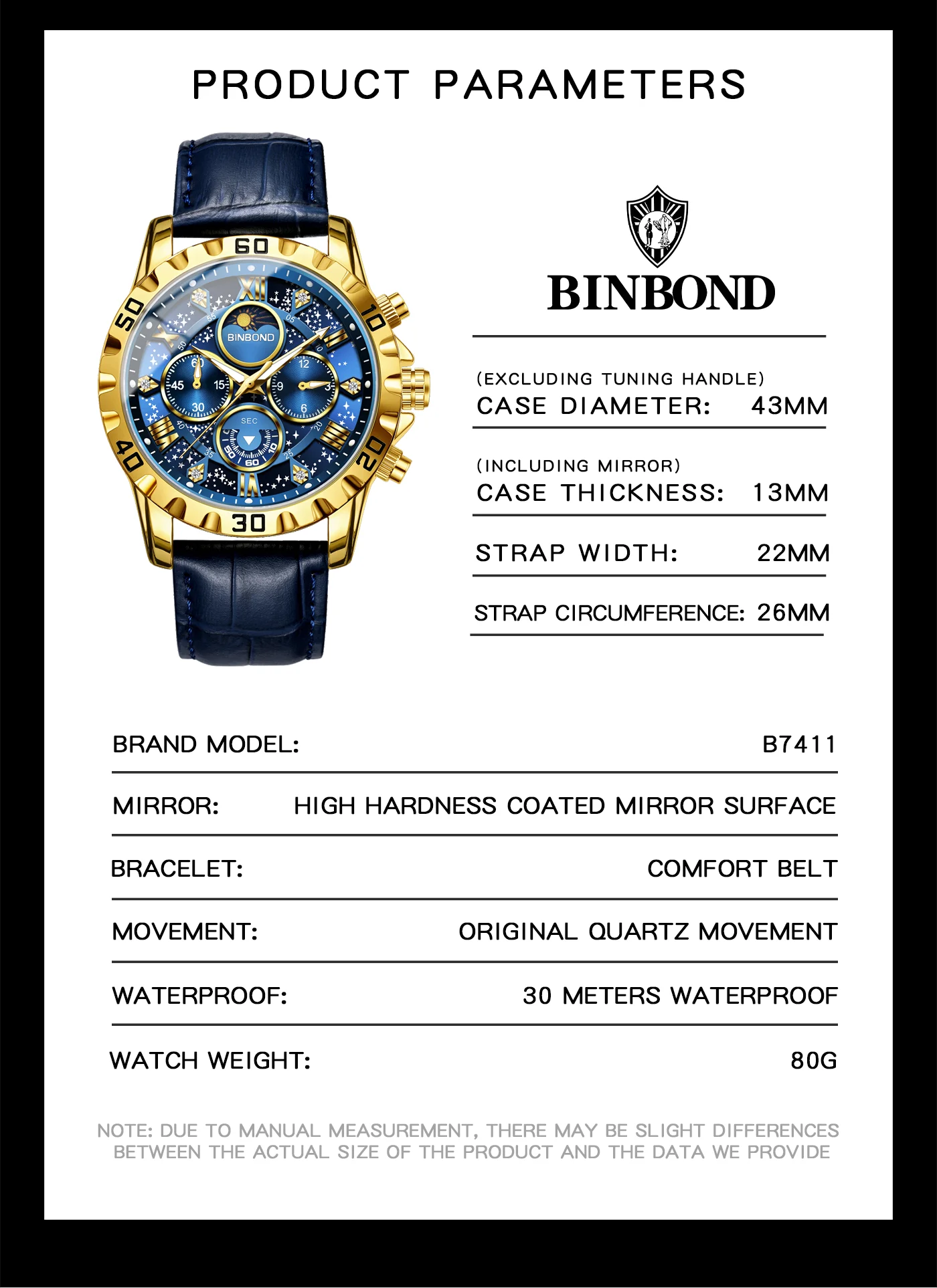 BINBOND Genuine accurate quartz wristwatches for men luxury luminous waterproof chronograph leather strap men's watch reloj
