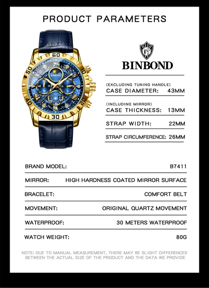 BINBOND Genuine accurate quartz wristwatches for men luxury luminous waterproof chronograph leather strap men's watch reloj