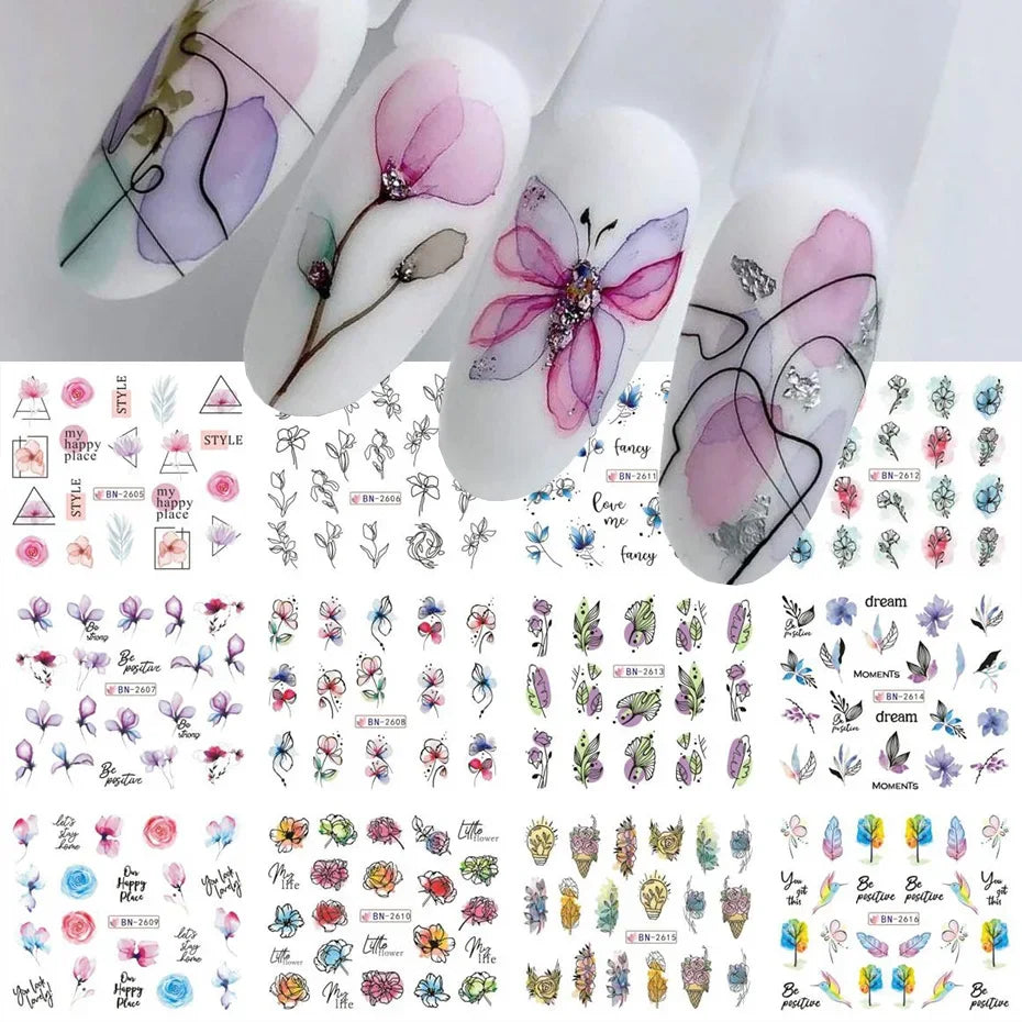 12 Pcs Summer Ink Blooming Flowers Nail Art Stickers, Water Decal Leaves Graffiti Slider Nail Decoration