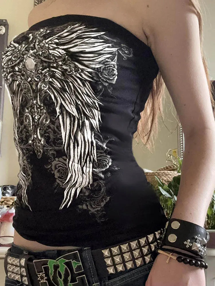 Graphic-Print Strapless Crop Top