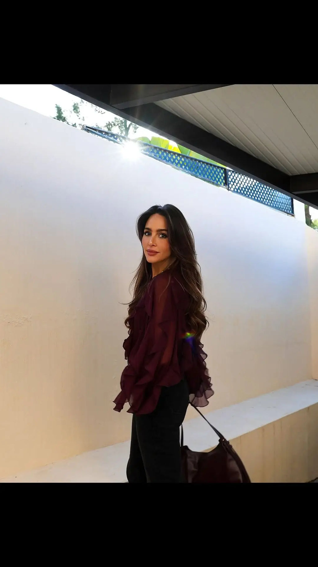 YENKYE New 2025 Women Sexy Semi-sheer Ruffle Shirt Long Sleeve V Neck Front Button Autumn Blouse Burgundy Blusas Mujer
