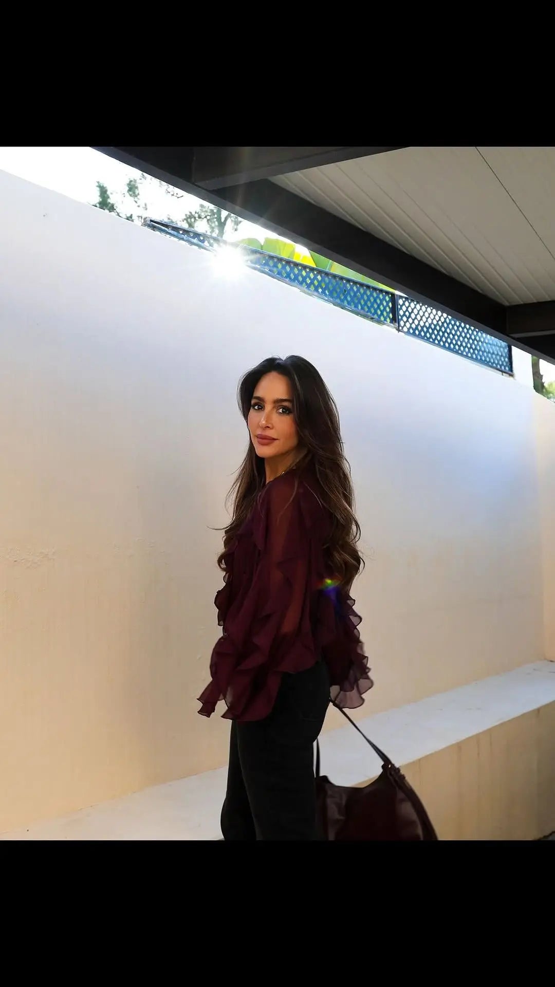 YENKYE New 2025 Women Sexy Semi-sheer Ruffle Shirt Long Sleeve V Neck Front Button Autumn Blouse Burgundy Blusas Mujer