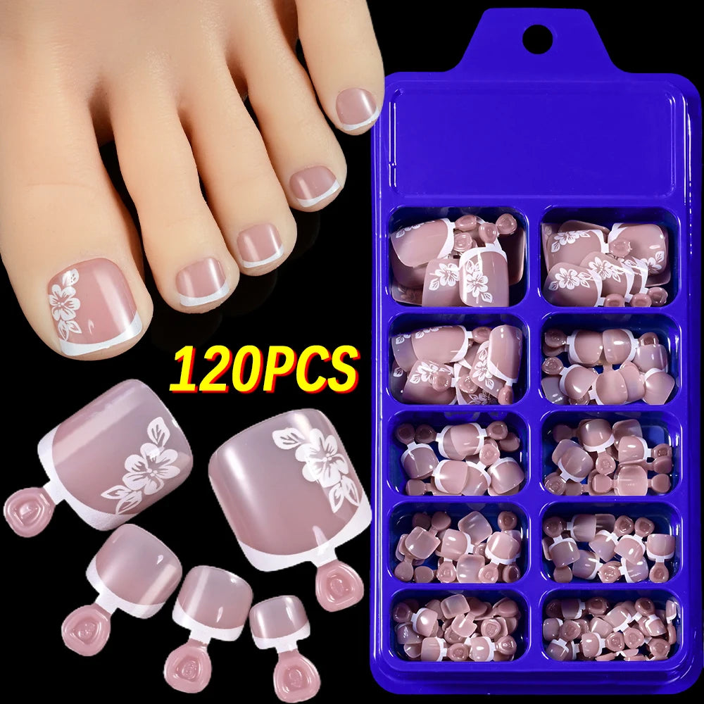 120Pcs 9-Colors French Fake Toenails Summer Short Sqaure Press On Toe Nails Tips Glossy Nude/Pink/Brown Full Cover False Toenail