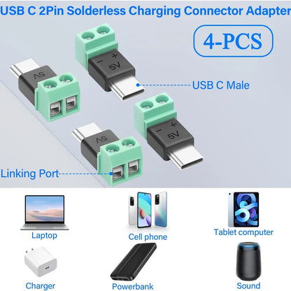 5PCS TypeC to 2 Pin Adapter No Solder Quick Connect Green Terminal for Charging Cable Phone Power Bank DIY Electronics Connector