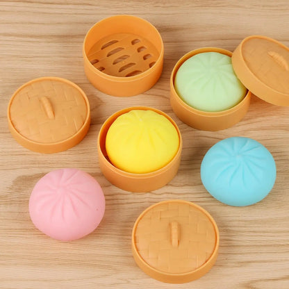 Colorful Dumpling Stress Balls Fidget Sensory Toy Squeeze Dough Ball Stress Relief Hand Toy Bun with Food Steamer Stretchy Desk