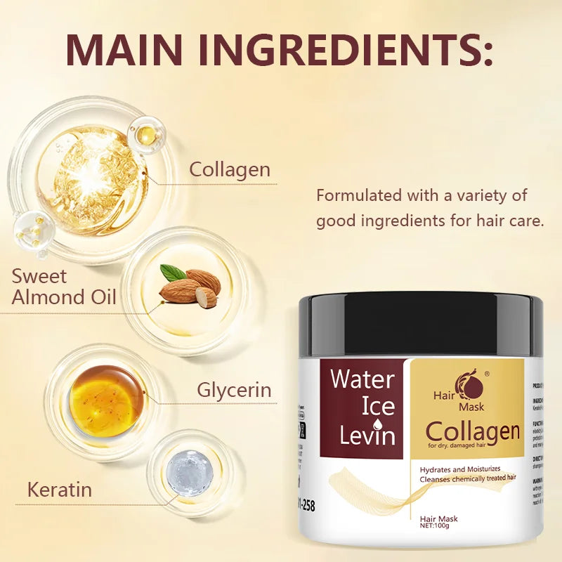 100g Collagen Moisturizing Hair Mask - Hyaluronic Acid and Keratin Repair Dry and Damaged Hair