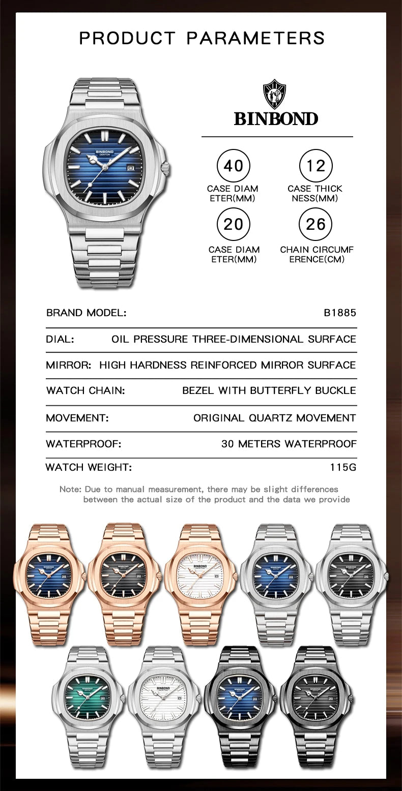 BINBOND sturdy stainless steel strap quartz wristwatches for men luxury luminous waterproof auto date accurate men's watch reloj