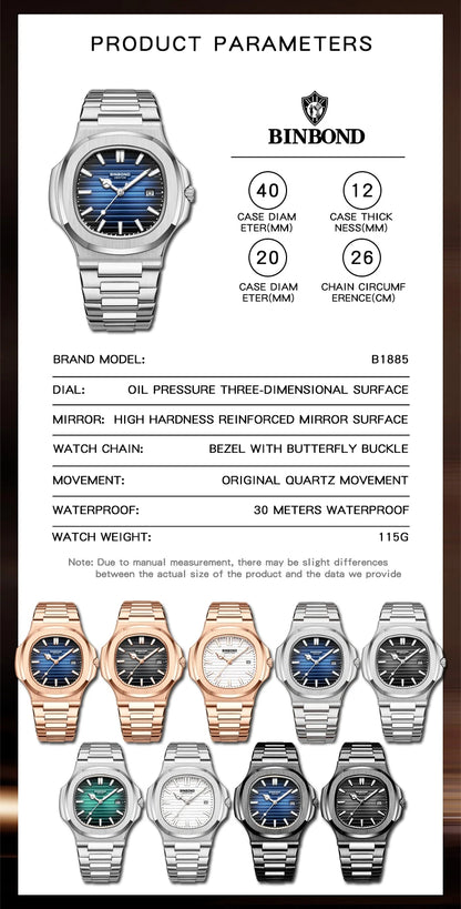 BINBOND sturdy stainless steel strap quartz wristwatches for men luxury luminous waterproof auto date accurate men's watch reloj