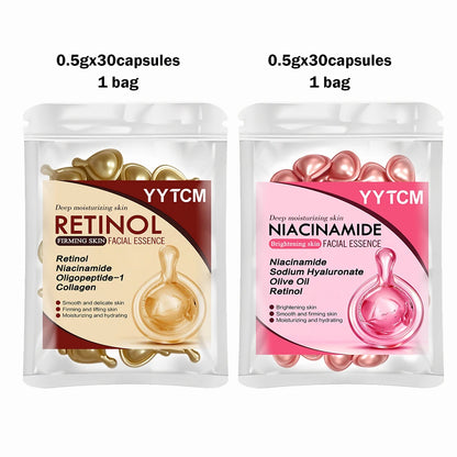 Niacinamide Facial Essence Capsules, Containing Retinol, Olive Fruit Oil, Gardenia Extract, Brighten Skin Tone, Moisturize and Hydrate, and Smooth and Soften Skin (0.5Gx30 Capsules)/Bag-1 Bag
