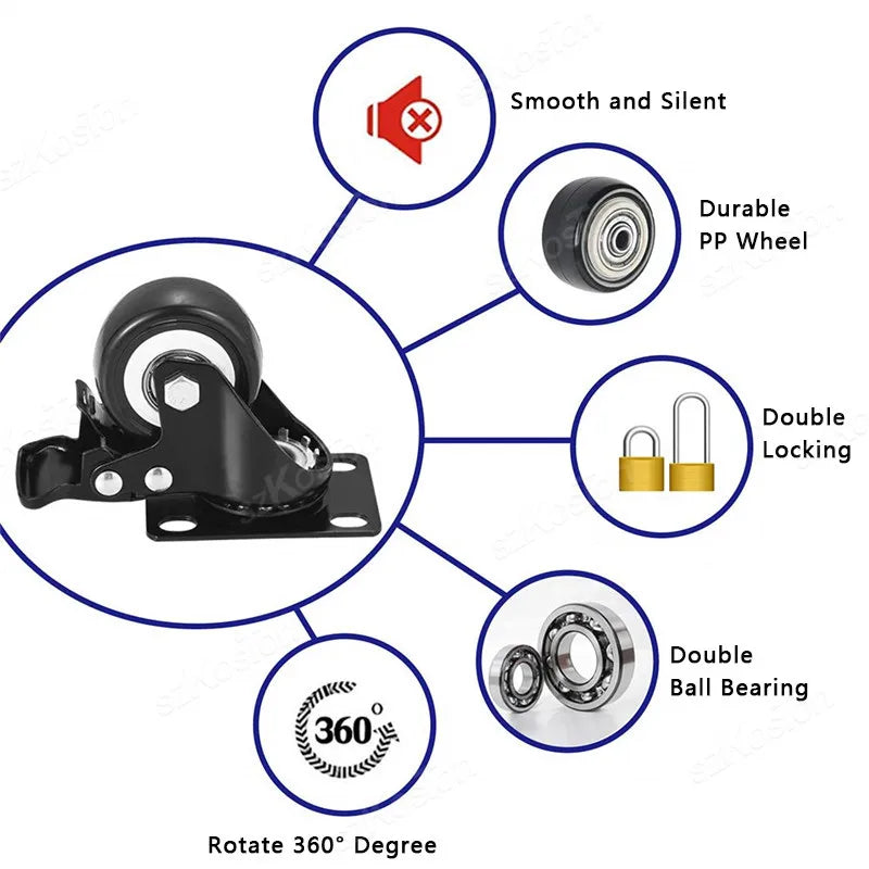 4pcs/lot Furniture Casters Wheels PP Fixed Swivel Caster Roller Wheel For Heavy Duty Platform Trolley Chair Household Accessory