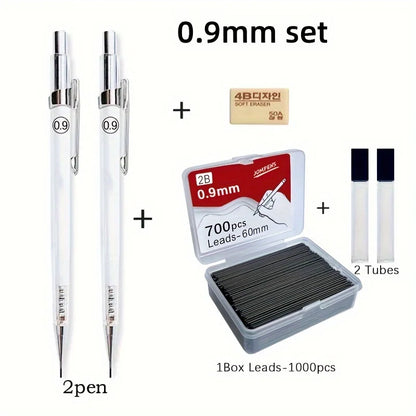 Transparent Mechanical Pencils 0.5 0.7 0.9mm with Lead 2B 60mm Art Drawing Automatic Pencil Replaceable Refills with 2 Tubes