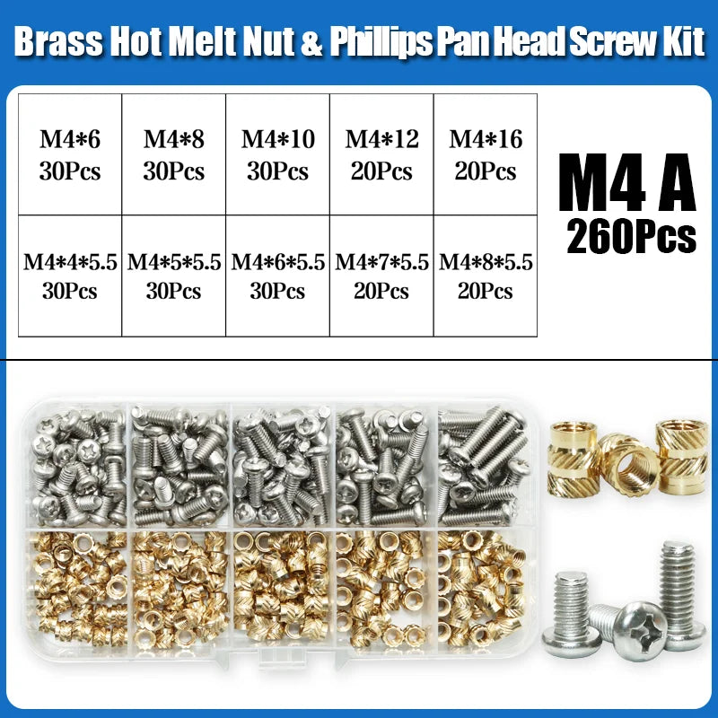 Heat Set Thread Brass Insert Nut and Bolt M2 M3 M4 Soldering Iron Tip Copper Insertion Nut Machine Screw Kit Inserts 3d Printer