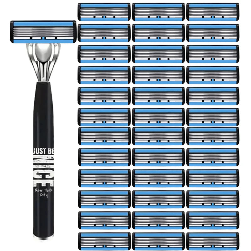 Men's 6-Blade Manual Razor with Non-Slip Handle and Multiple Replacement Blades - Ideal for Trimming Beards and Mustaches