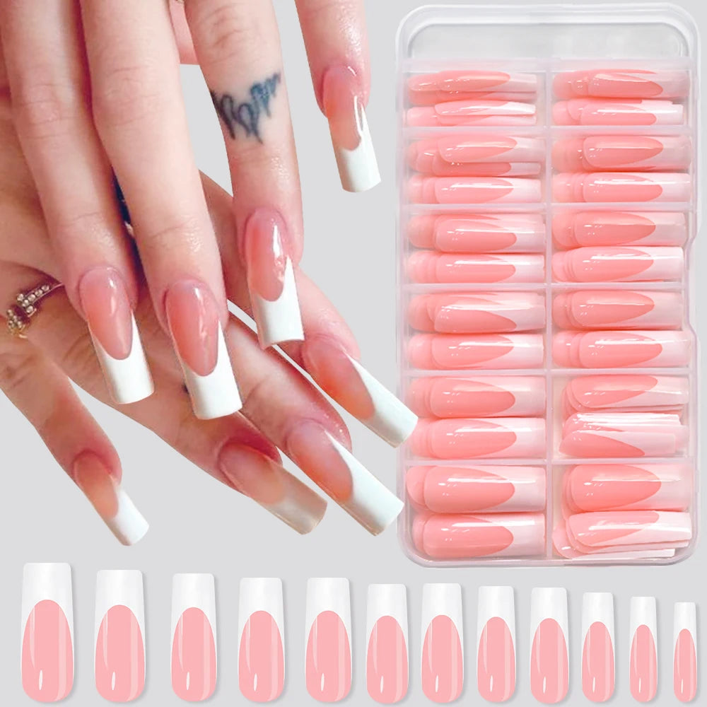 120Pcs Glossy Pink French Press On Nails 12-Sizes Long Square Fake Nails White Edge Design Full Cover French False Fingertips TD