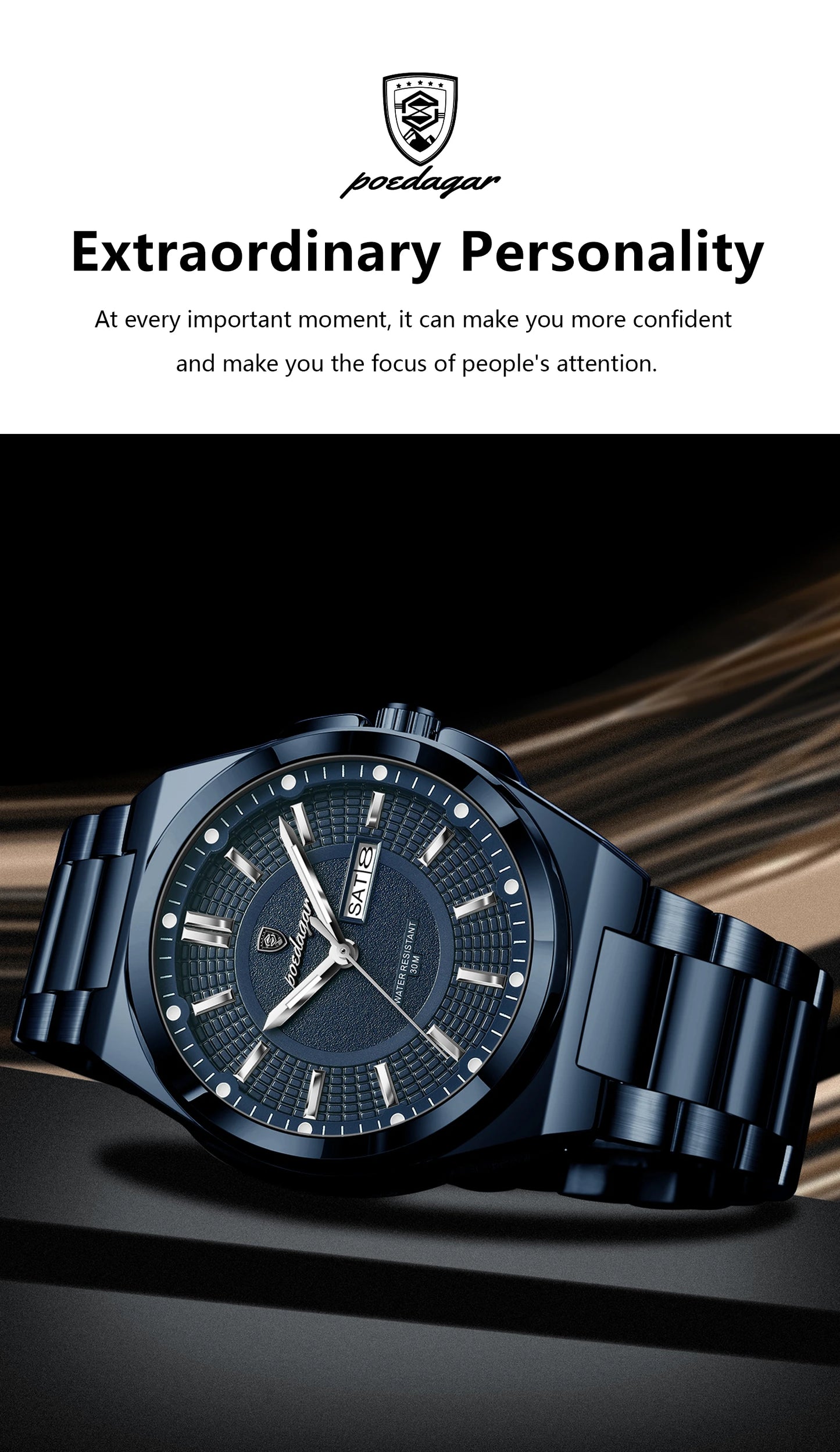 POEDAGAR Top Business Men Wristwatch Stainless Steel Waterproof Luminous Casual Man Watch Date Week Stylish Men's Quartz Watches