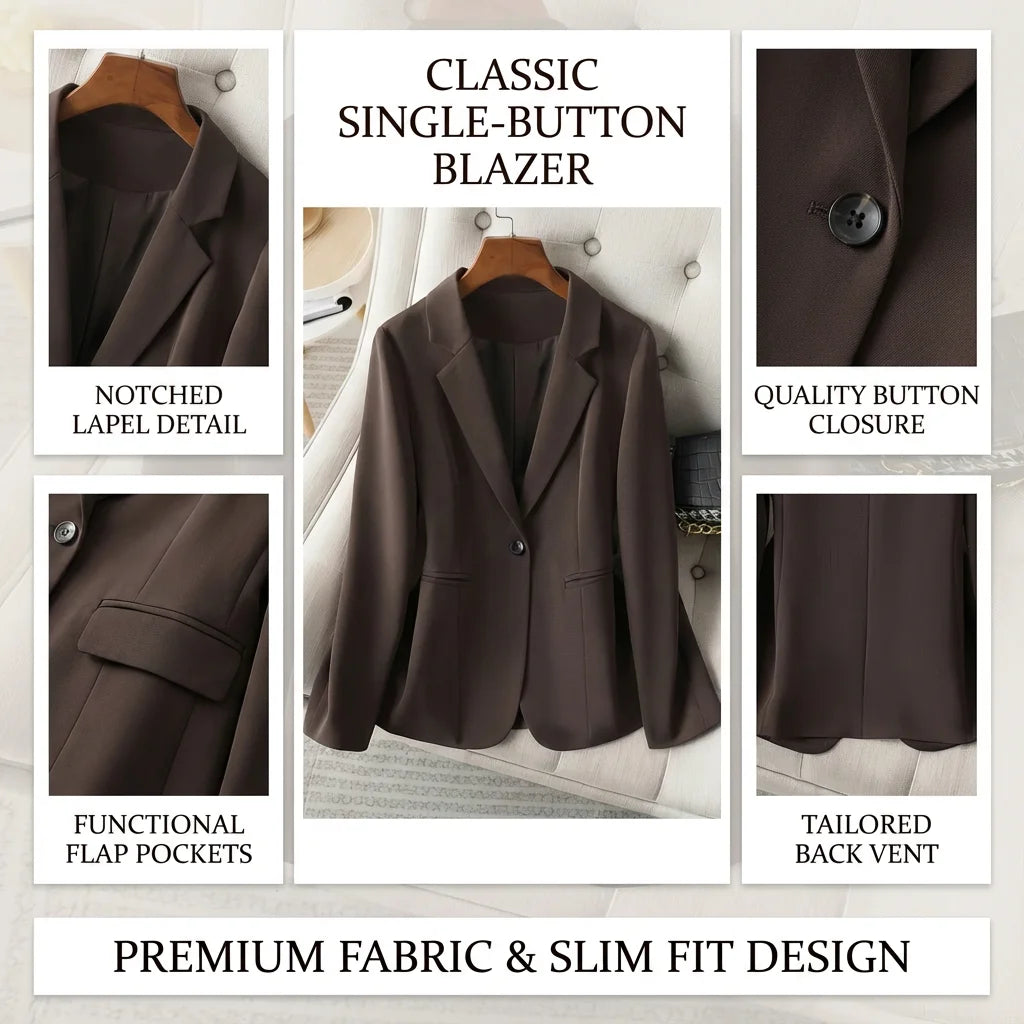 Elegant Brown Blazer for Women Single Button Slim Fit Business Commuter Suit Jacket Korean Fashion OL Style New Spring/Autumn