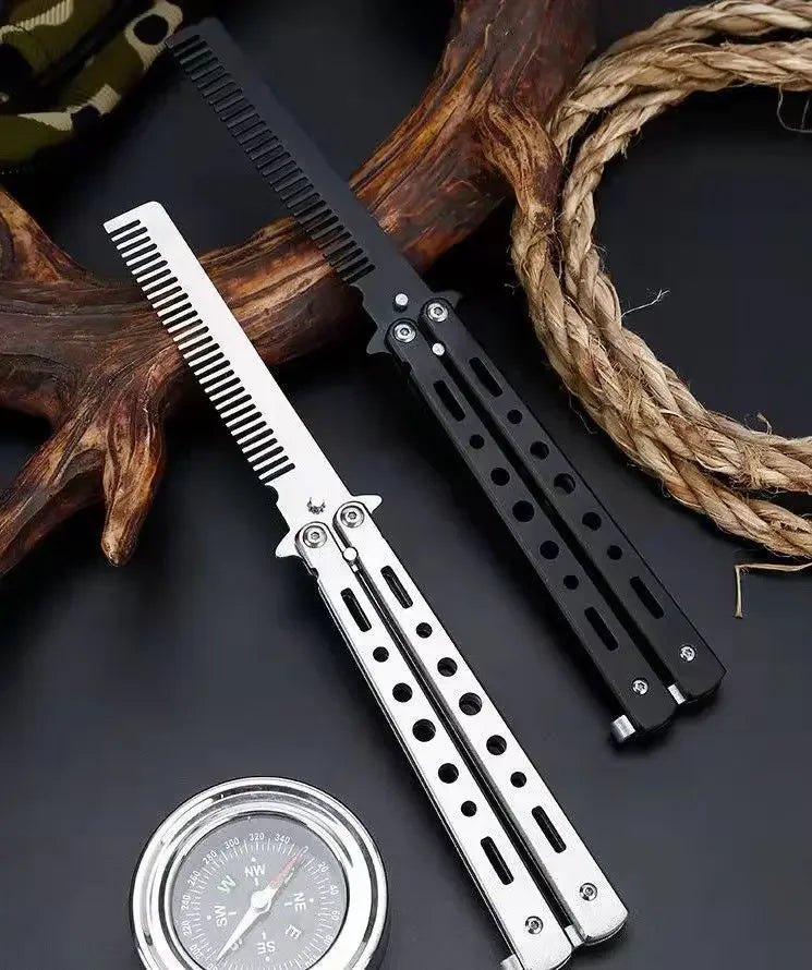 Stainless Steel Foldable Comb for Butterfly Knife Practice Training Beard Moustache Styling Tool Hairdressing Salon Brush
