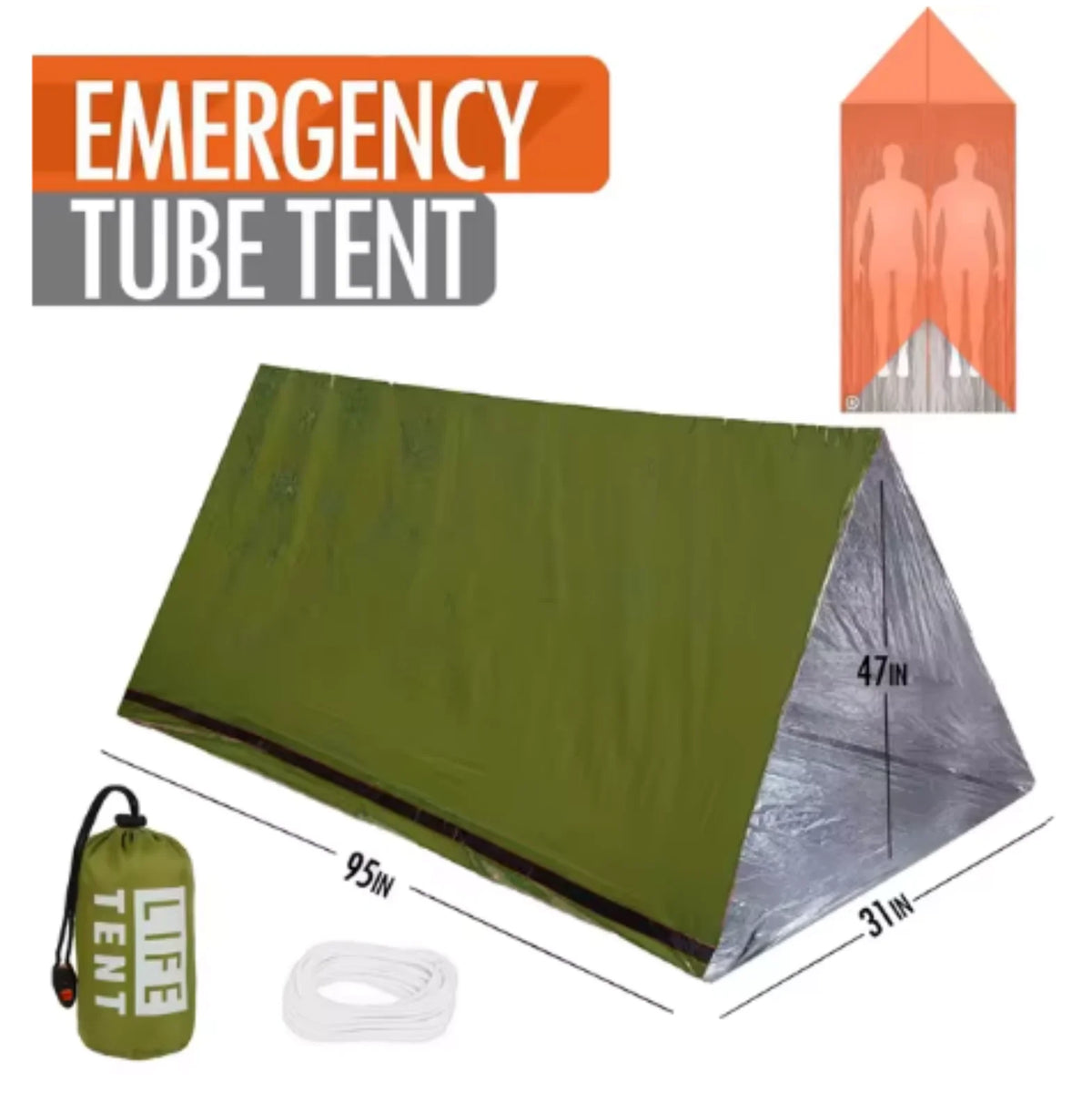 2 Person Emergency Shelter Bivy Survival Tent Kit Mylar Tube Tent Sleeping Bag Waterproof Outdoor SOS Thermal Blanket Reusable