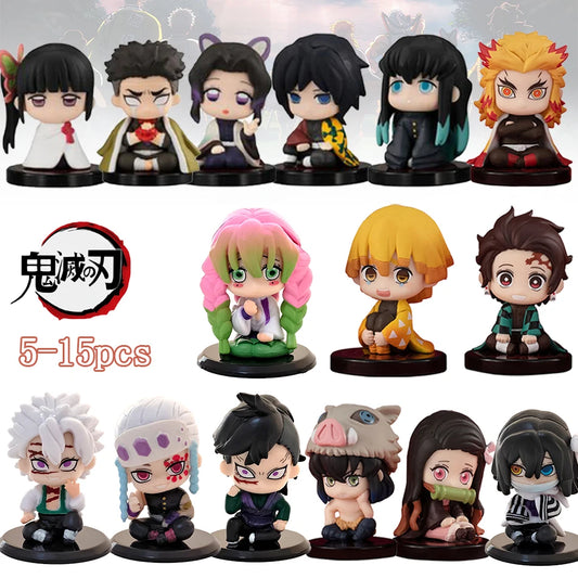 5-15pcs Q Version Demon Slayer Sitting Ghost Doll Tanjiro Nidouzi Inosuke Zenizu  Toy  Figural PVC Model Gift