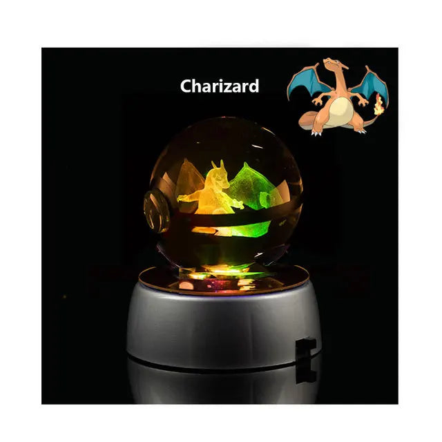 Anime Pokemon 3D Crystal Ball Snorlax Figure Pokeball Engraving Crystal Charizard Model with LED Light Base Kids Gift ANIME GIFT