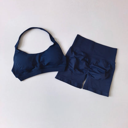 Sexy Halter Neck Beautiful Back High Waist Peach Sports Bras Shorts Suit Pilates Gathering Yoga Vest Training Fitness Bra Sets