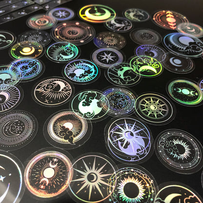 70 pcs PET Adhesive Stickers Waterproof Transparent Laser Silver Stickers Label: SUN MOON Stars Etc