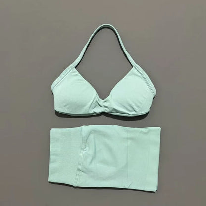 2 Pieces Yoga Gym Set Women Seamless Strappy Yoga Bra High Waist Workout Scrunch Shorts Sports Set Fitness Clothes Sportswear