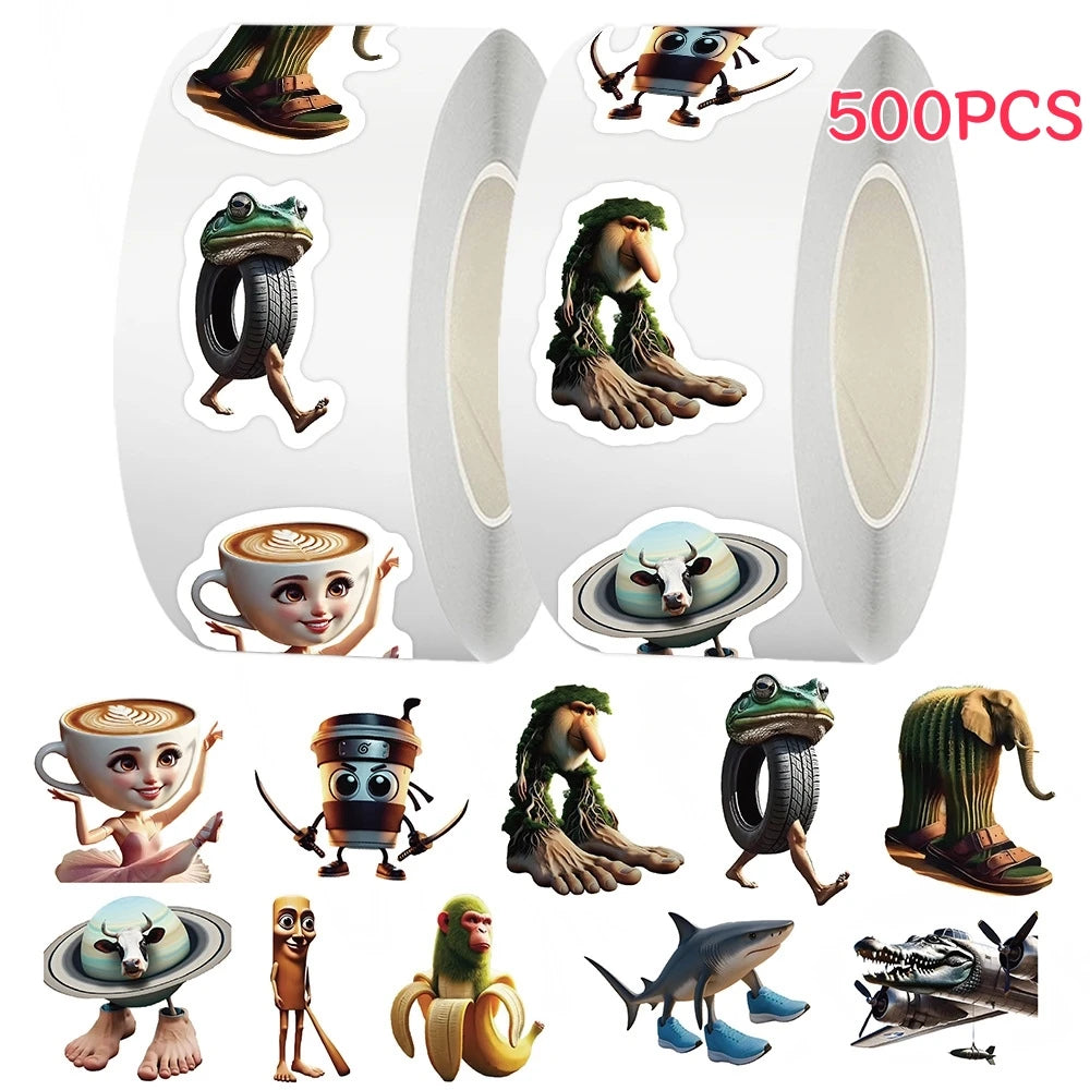 500pcs/Roll Italian Brainrot Stickers Funny AI Abstract TungTungSahur Tralalero Package Sealing DIY PVC Laptop Decals