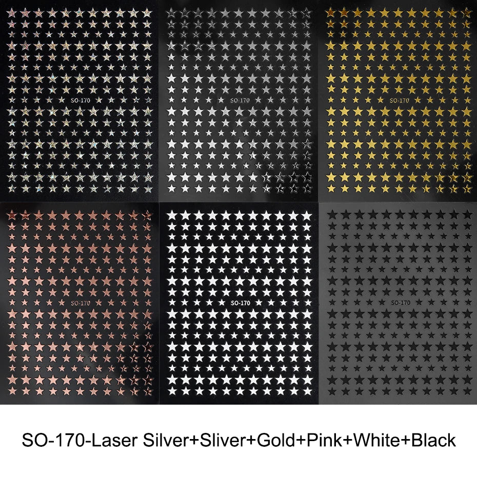 3D Black Pink Stars Stickers for Nails Golden Silvery Stars Adhesive Nail Decals Autumn Winter Festival DIY Nail Art Accessories