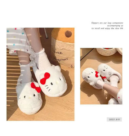 Kawaii Hellokitty Anime Warm Cotton Slippers Autumn Winter Thick Anti Slip Cartoon Plush House Slippers For Girls Surprise Gifts