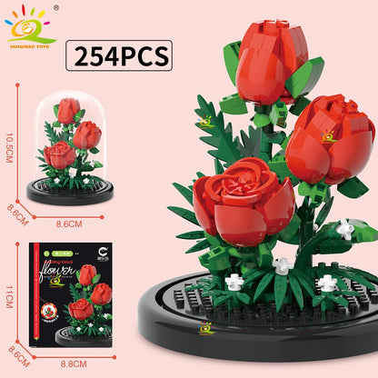 HUIQIBAO MOC Eternal Bouquet Display Box Micro Building Blocks Flower Model DIY Home Desk Plant Decoration Brick Toy For Childre