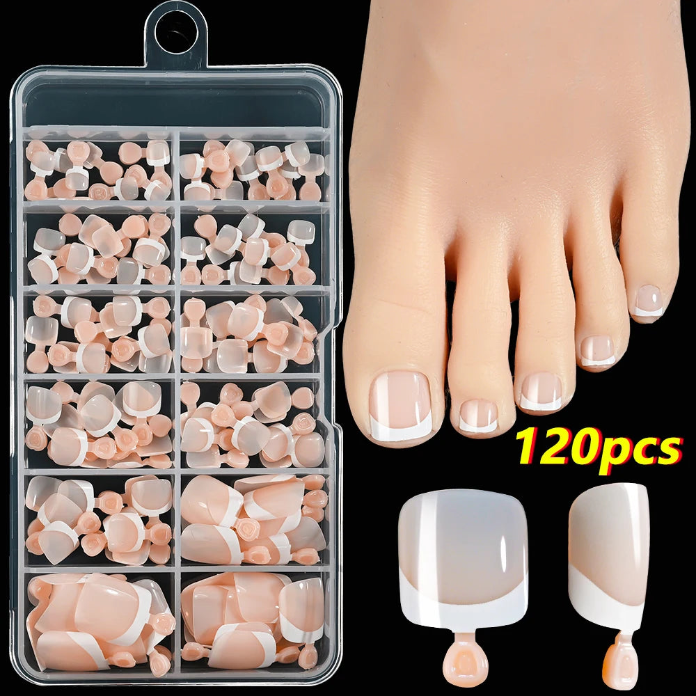 120Pcs 9-Colors French Fake Toenails Summer Short Sqaure Press On Toe Nails Tips Glossy Nude/Pink/Brown Full Cover False Toenail