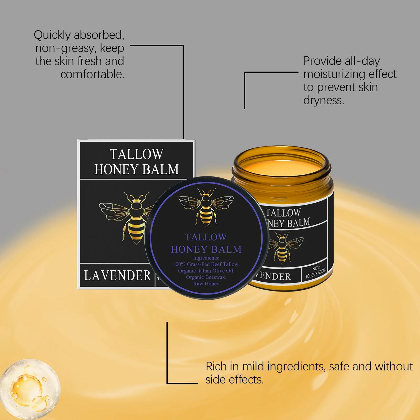 Beef Tallow Honey Moisturizer Grass Fed Whipped Tallow Face Cream Body Lotion Non Greasy Nourishing Fast Absorption Skin Care