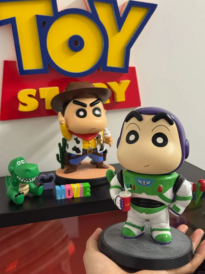Cartoon Crayon Xiaoxin Cosplay Woody Buzz Lightyear Action Figure Statue Car Ornament Desktop Decoration Gift Collect Toys Model