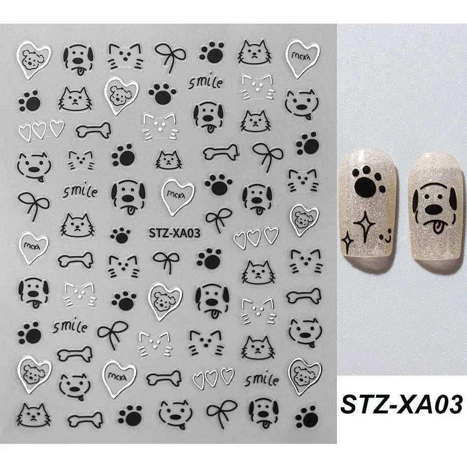 2pcs 3D Cute Silver Smile Dog Decals Y2K Cartoon Cat Footprint Nail Stickers Graffiti Star Heart Bowknot Manicure Slider Decor