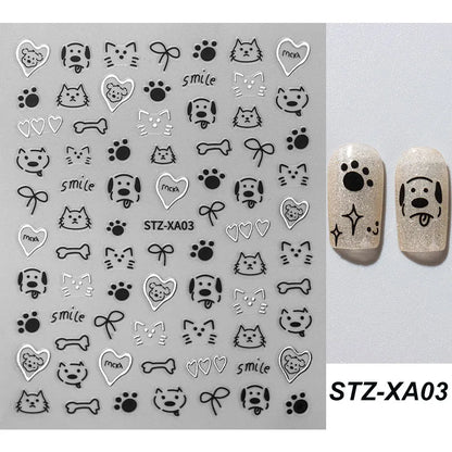 2pcs 3D Cute Silver Smile Dog Decals Y2K Cartoon Cat Footprint Nail Stickers Graffiti Star Heart Bowknot Manicure Slider Decor