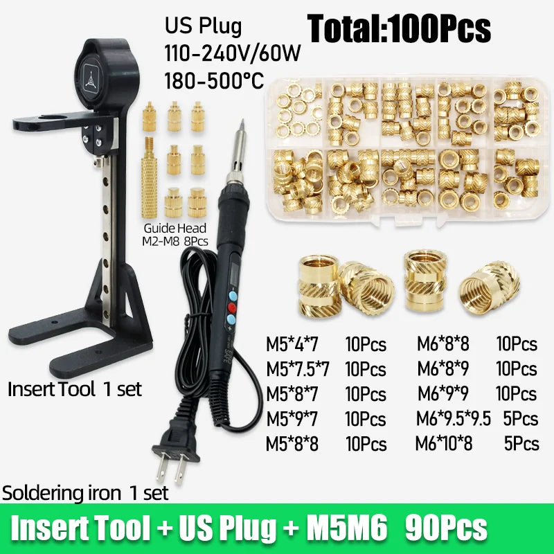 Threaded Brass Insert Nut 3d Printing Tool M2 M3 M4 M5 Heat Set Insertion Soldering Iron Kit Hot Melt Knurled Nut for Plastic PC