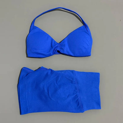 2 Pieces Yoga Gym Set Women Seamless Strappy Yoga Bra High Waist Workout Scrunch Shorts Sports Set Fitness Clothes Sportswear
