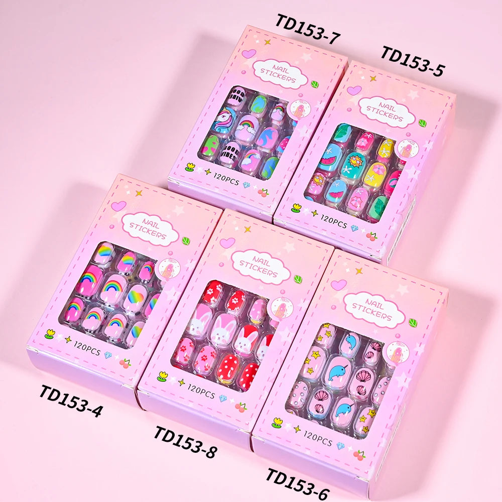 120Pcs/Box Cartoon Gril Princess Children Press On Nails 6-14Years Kawaii Cat/Flowers/Rainbow Nail Tips With Jelly Gel Girl Gift