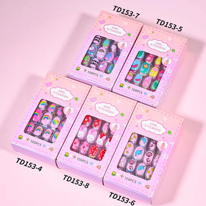 120Pcs/Box Cartoon Gril Princess Children Press On Nails 6-14Years Kawaii Cat/Flowers/Rainbow Nail Tips With Jelly Gel Girl Gift