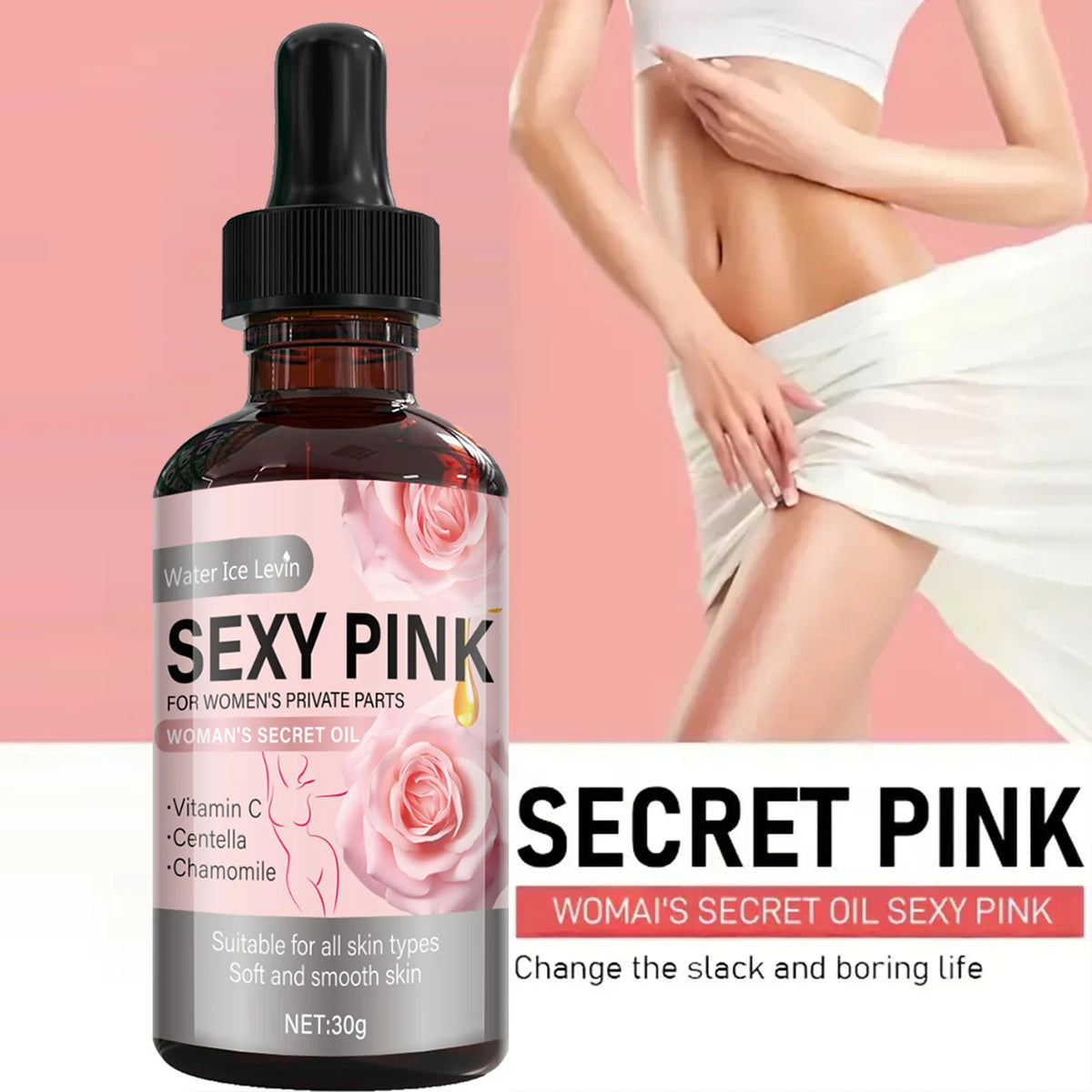 Secret Pink Intimate Oil Vitamin C & Chamomile. Softens, Smoothes, Revitalizes Skin. For Feminine Care. All Skin Types. 30g Net