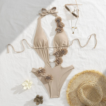 2026 New 3D Flowers One Piece Swimsuit Women Solid Sexy Hollow Out Swimwear Tropical Summer Beachwear Bathing Suit Bodysuit