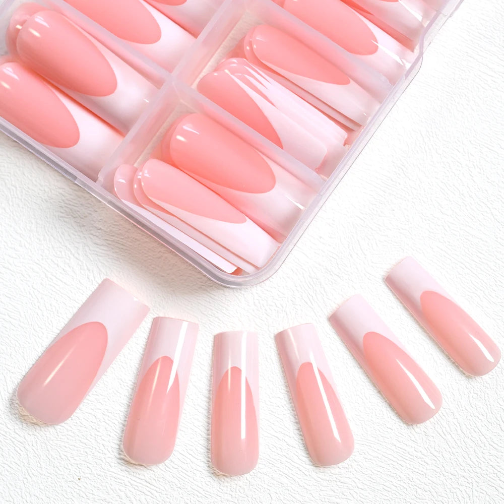 120Pcs Glossy Pink French Press On Nails 12-Sizes Long Square Fake Nails White Edge Design Full Cover French False Fingertips TD