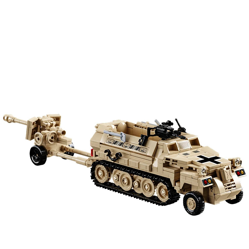World War 2 WW2 Army Military Soldiers SWAT Half Tracked Armor Vehicle Trailer Assemble Building Blocks Bricks Children's Toys