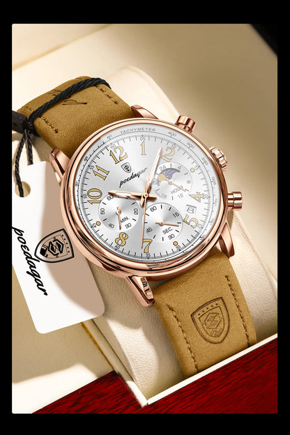 POEDAGAR Luxury Sports Men Watch Waterproof Luminous Leather Quartz Man Wristwatch Chronograph Date Military Men's Watches Reloj